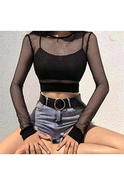 Köstebek Μαύρη μακρυμάνικη κοντή μπλούζα με διχτυωτό σχέδιο