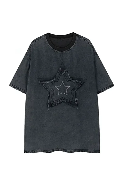 Karakedi Unisex Basic Star Detailed Washable T-Shirt
