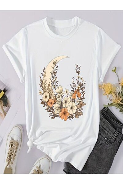 CLASSY.MODA تي شيرت نسائي من جيرسي واحد - تي شيرت أبيض مطبوع كبير الحجم بياقة...