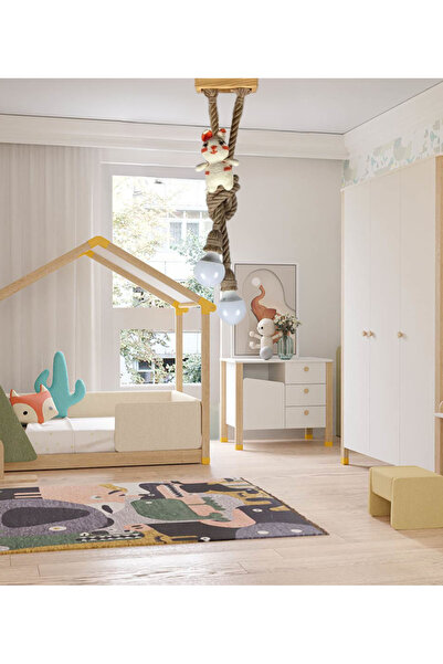 NzrWood Dekoratif Ahşap Rozanslı 2'li Jut Halatlı Çocuk Odası Avize