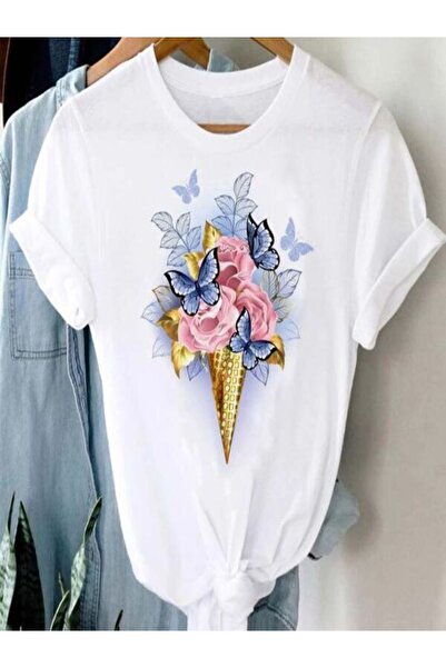 CLASSY.MODA تي شيرت نسائي من جيرسي واحد - تي شيرت أبيض مطبوع كبير الحجم بياقة...