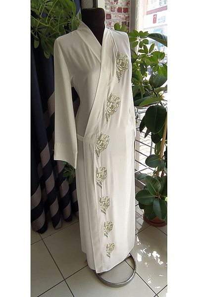 Misue Handmade Medina Silk Embroidered Tied Prayer Dress+Shawl, Silk Morning Gowns, Dowry Prayer Dress & Morning Gowns
