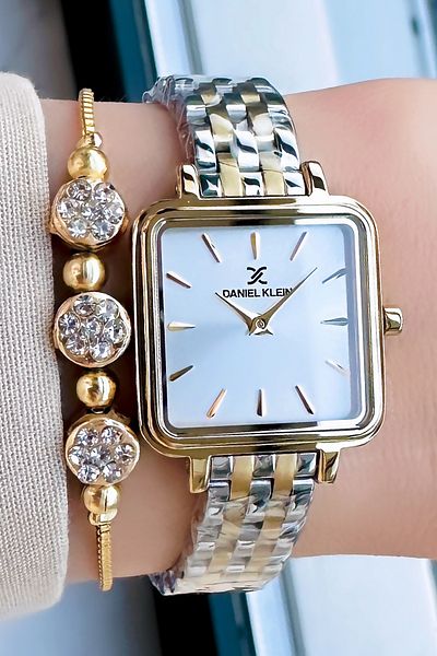Daniel Klein 3 Atm Waterproof Gold Silver Women's Wristwatch - Steel Cord Bracelet Gift DKBY2014C2