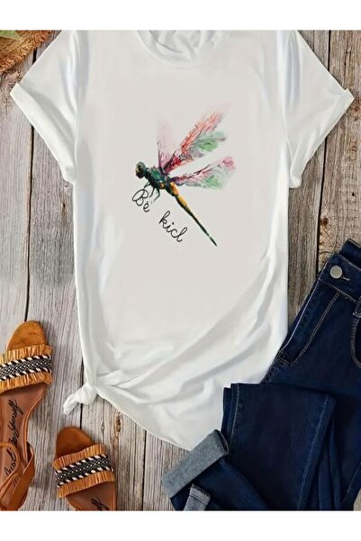 CLASSY.MODA Γυναικείο T-Shirt Single Jersey - Λευκό εμπριμέ μπλουζάκι με κοντό μανίκι με λαιμόκοψη