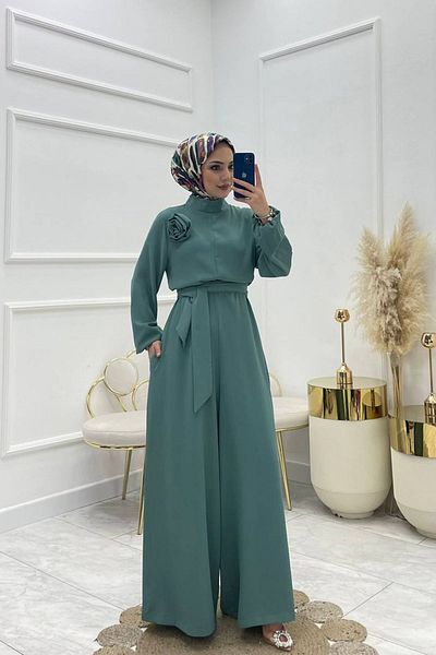 Neşeli Butik Γυναικεία φόρμα μέντας ζωσμένη με τριαντάφυλλο με λεπτομέρεια casual hijab Nms003