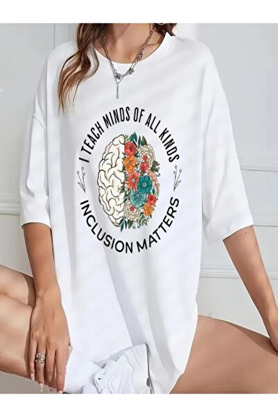 CLASSY.MODA تي شيرت نسائي من جيرسي واحد - تي شيرت أبيض مطبوع كبير الحجم بياقة...