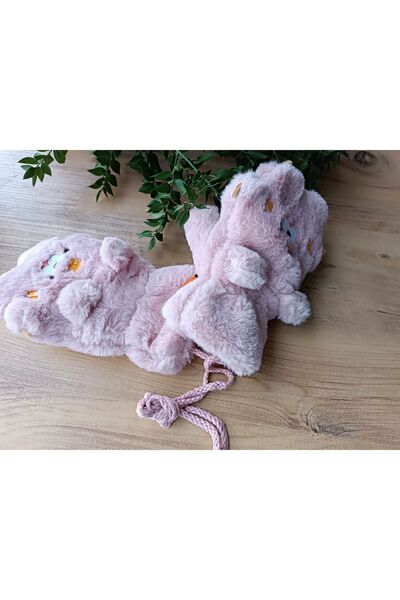 Blotch Kışlık Figürlü Bebek Peluş Boyundan Askılı pembe renk Eldiven