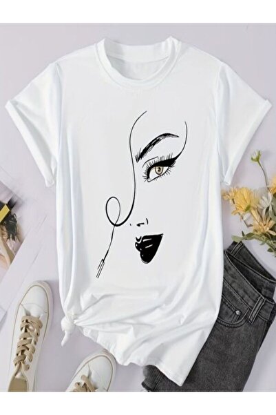 CLASSY.MODA تي شيرت نسائي من جيرسي واحد - تي شيرت أبيض مطبوع كبير الحجم بياقة...