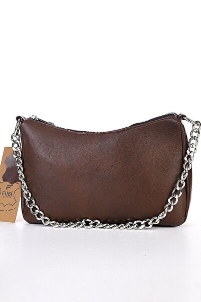 fubileather Geantă baghetă maro pentru femei din piele naturală