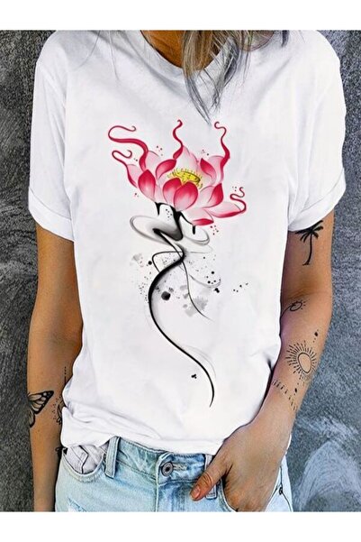 CLASSY.MODA تي شيرت نسائي من جيرسي واحد - تي شيرت أبيض مطبوع كبير الحجم بياقة...