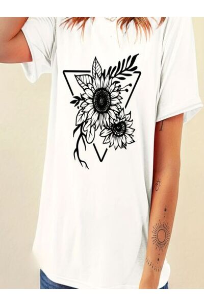 CLASSY.MODA تي شيرت نسائي من جيرسي واحد - تي شيرت أبيض مطبوع كبير الحجم بياقة...