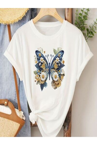 CLASSY.MODA تي شيرت نسائي من جيرسي واحد - تي شيرت أبيض مطبوع كبير الحجم بياقة...