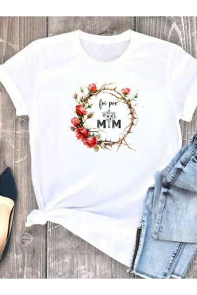 CLASSY.MODA تي شيرت نسائي من جيرسي واحد - تي شيرت أبيض مطبوع كبير الحجم بياقة...