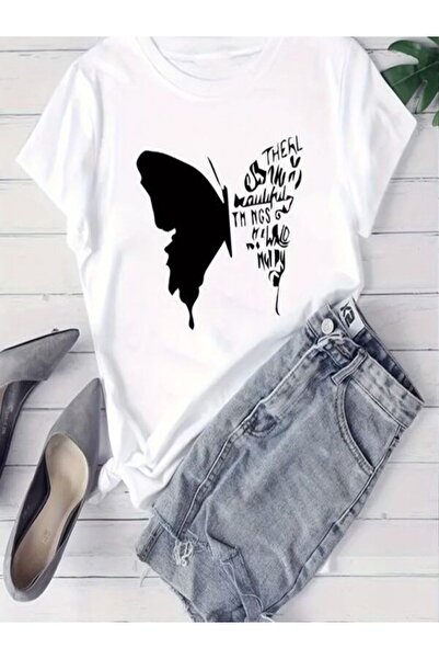 CLASSY.MODA تي شيرت نسائي من جيرسي واحد - تي شيرت أبيض مطبوع كبير الحجم بياقة...