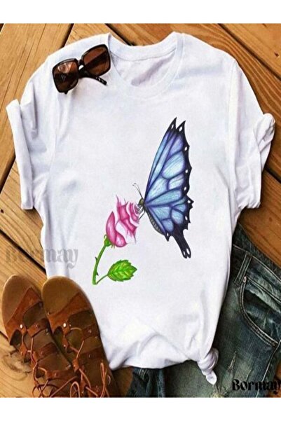 CLASSY.MODA تي شيرت نسائي من جيرسي واحد - تي شيرت أبيض مطبوع كبير الحجم بياقة...