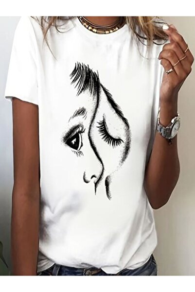 CLASSY.MODA تي شيرت نسائي من جيرسي واحد - تي شيرت أبيض مطبوع كبير الحجم بياقة...