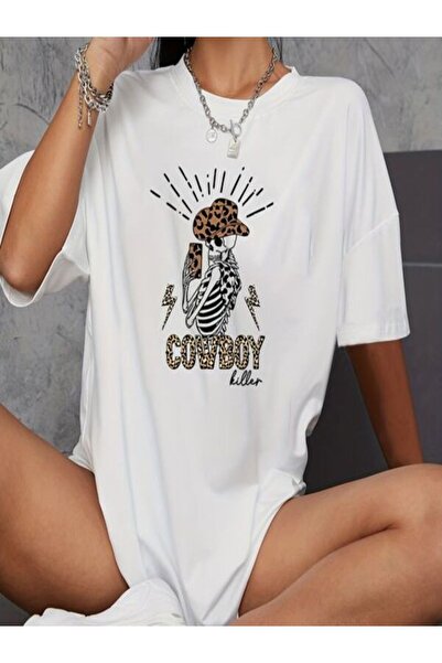 CLASSY.MODA تي شيرت نسائي من جيرسي واحد - تي شيرت أبيض مطبوع كبير الحجم بياقة...