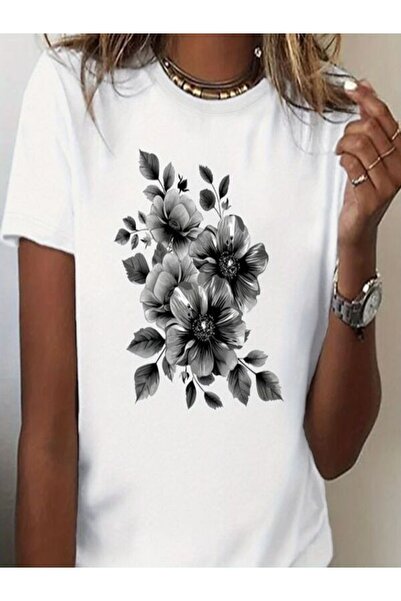 CLASSY.MODA تي شيرت نسائي من جيرسي واحد - تي شيرت أبيض مطبوع كبير الحجم بياقة...