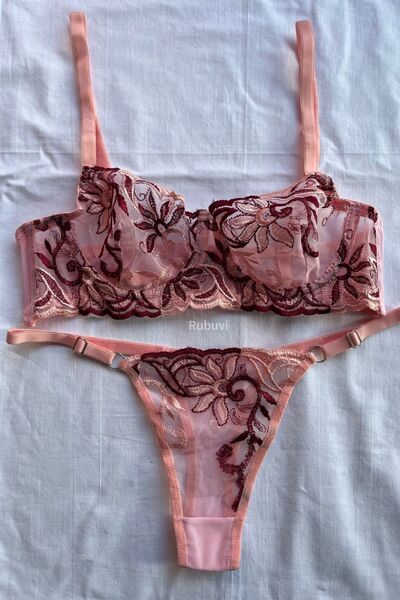 Rubuvi Ivy Femei Floral Underwire Lace Up Bralet Dowry Inner Wear Sutien Chiloți Set de lenjerie intimă