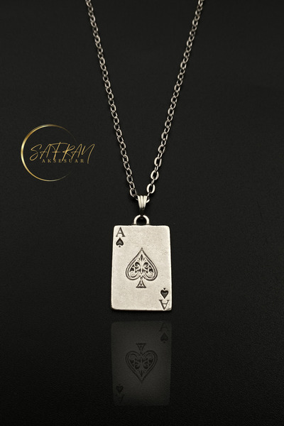 Hiza 925 Ayar Gümüş Kaplama Maça As Poker Iskambil Kağıdı Kolye (DOĞAL TAŞ Bİ...