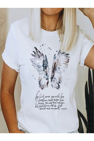 CLASSY.MODA تي شيرت نسائي من جيرسي واحد - تي شيرت أبيض مطبوع كبير الحجم بياقة...