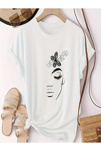 CLASSY.MODA Γυναικείο T-Shirt Single Jersey - Λευκό εμπριμέ μπλουζάκι με κοντό μανίκι με λαιμόκοψη