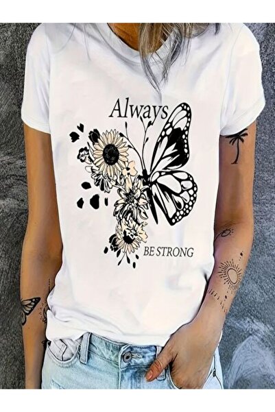 CLASSY.MODA Γυναικείο T-Shirt Single Jersey - Λευκό εμπριμέ μπλουζάκι με κοντό μανίκι με λαιμόκοψη