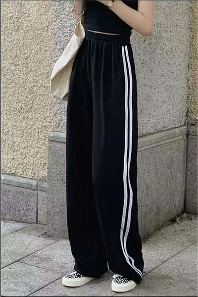 Gofeel أسود اللون أبيض شريط مزدوج مفصل واسع الساق واسعة الساق الكتان الاسترخاء مخطط للجنسين Sweatpants