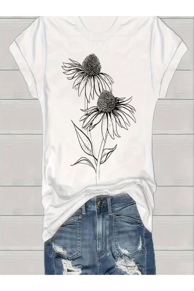 CLASSY.MODA تي شيرت نسائي من جيرسي واحد - تي شيرت أبيض مطبوع كبير الحجم بياقة...