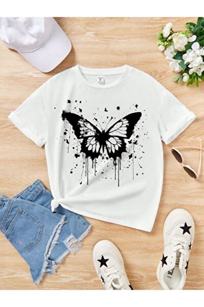 CLASSY.MODA تي شيرت نسائي من جيرسي واحد - تي شيرت أبيض مطبوع كبير الحجم بياقة...