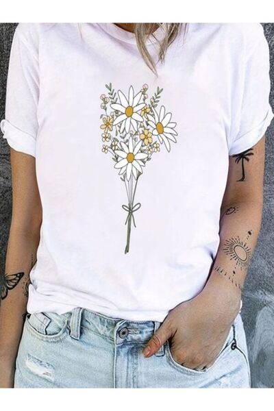 CLASSY.MODA Γυναικείο T-Shirt Single Jersey - Λευκό εμπριμέ μπλουζάκι με κοντ...