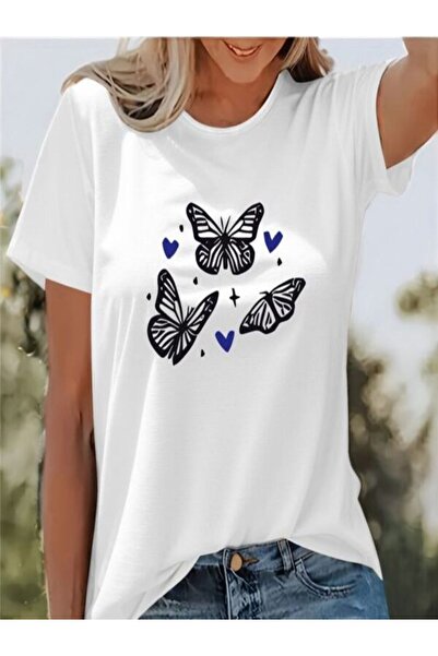 CLASSY.MODA تي شيرت نسائي من جيرسي واحد - تي شيرت أبيض مطبوع كبير الحجم بياقة...