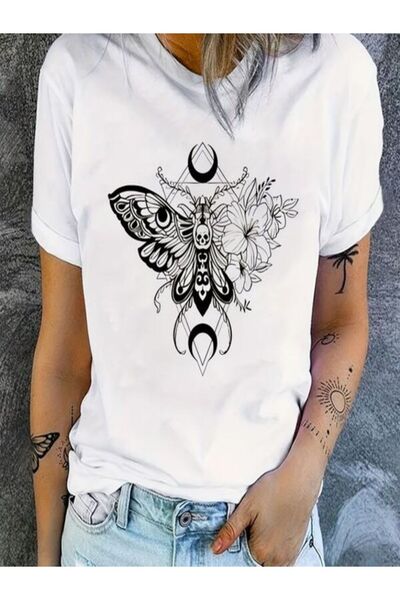 CLASSY.MODA تي شيرت نسائي من جيرسي واحد - تي شيرت أبيض مطبوع كبير الحجم بياقة...