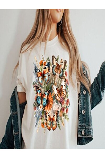 CLASSY.MODA تي شيرت نسائي من جيرسي واحد - تي شيرت أبيض مطبوع كبير الحجم بياقة...