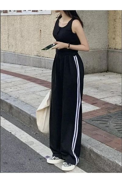 Gofeel أسود اللون أبيض شريط مزدوج مفصل واسع الساق واسعة الساق الكتان الاسترخاء مخطط للجنسين Sweatpants