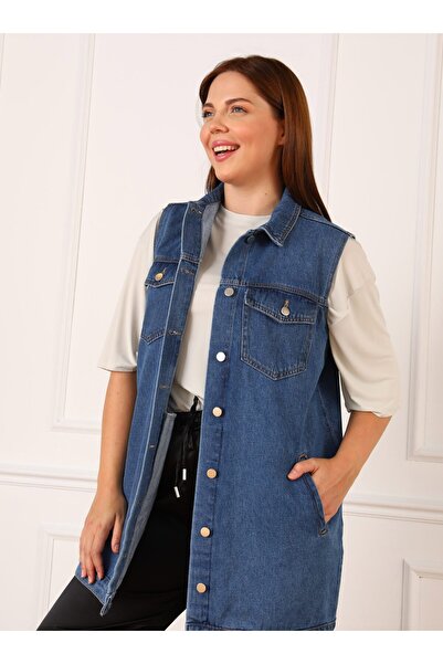 ALİA Blue Large Size Sleeveless Denim Vest - Alia