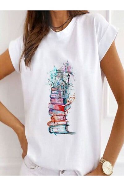 CLASSY.MODA تي شيرت نسائي من جيرسي واحد - تي شيرت أبيض مطبوع كبير الحجم بياقة...