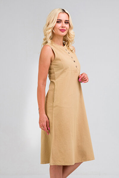 Bold & Young Γυναικείο βαμβακερό φόρεμα - μισή πατιλέτα, κουμπιά, αμάνικο, γιακάς και λεπτή σχεδίαση με τσέπες