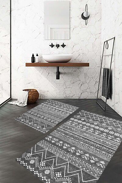 eco concept 2-Piece Scandinavian Patterned Gray Bath Mat and Non-Slip Base Toilet Seat Set