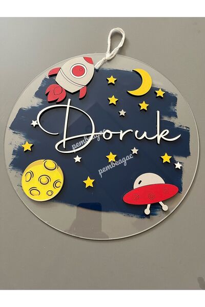 Pembe Ağaç Tasarım Atölyesi Uzay Konsept Şeffaf İsimli Pano Kapı Süsü Roket Ay -isme Özel Bebek Çocuk Genç Kapı Süsü