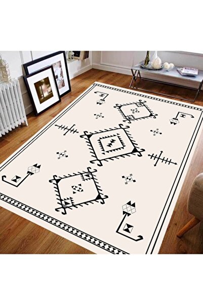 eco concept Beige Black Carpet - Scandinavian Floor Mat, Modern Non-Slip Base, Washable and Stain Resistant