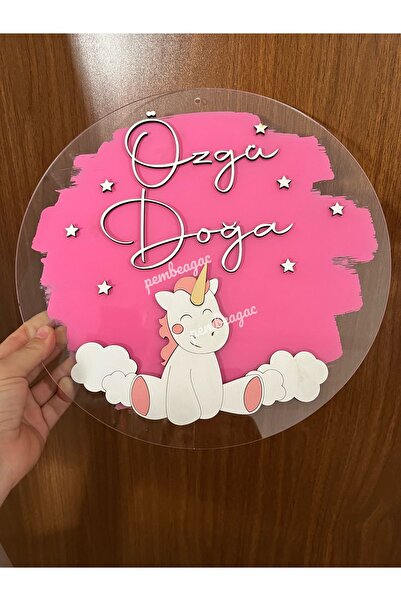 Pembe Ağaç Tasarım Atölyesi Unicorn Şeffaf İsimli Pano Kapı Süsü-isme Özel Bebek Çocuk Genç Kapı Süsü