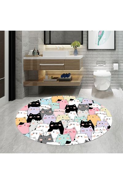 eco concept , Bath Mat, Cat Pattern, 80cmx80cm, Round, Non-Slip Base Carpet