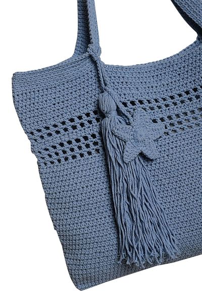 Bakras Geantă tote tricotată macrame albastră
