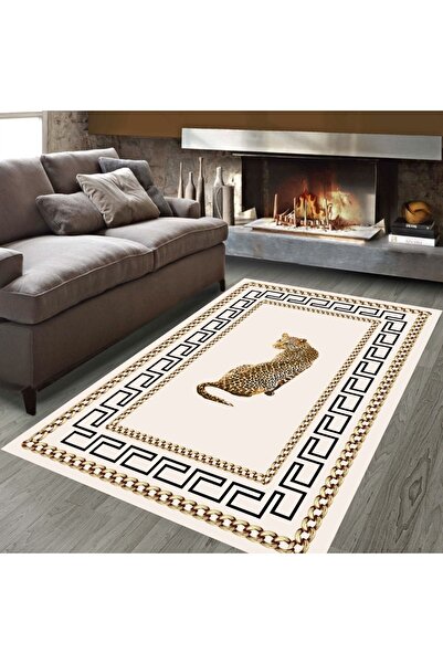 MAMKO Leopar Desenli Bej Renk Makinede Yıkanabilir Dot Taban Salon Halısı Kor...