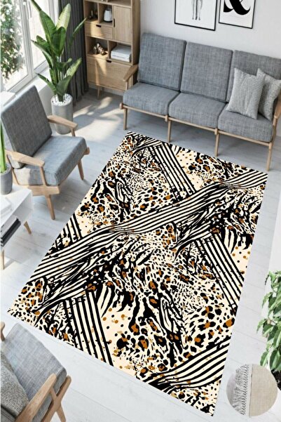 eco concept Krem Kahve Leopar Desenli Yıkanabilir Dot Taban Salon Halısı Mutf...