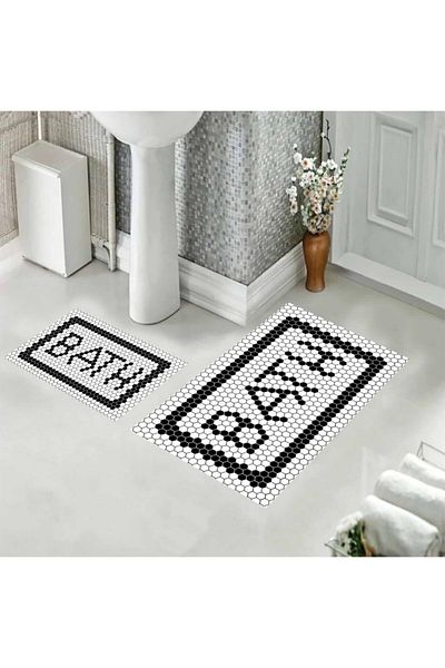 eco concept Black Framed Patterned Bath Mat with White Floor Toilet Set 60x100 Cm and 40x60 Cm
