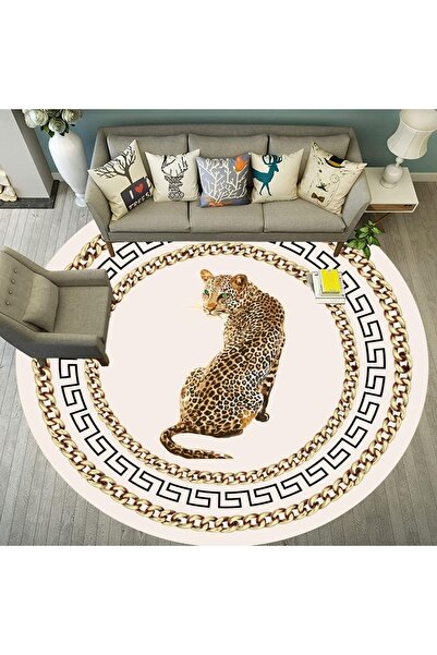 MAMKO Leopar Desen Halı, Bej Renk Halı, Yuvarlak Halı, Salon Halısı, Mutfak H...