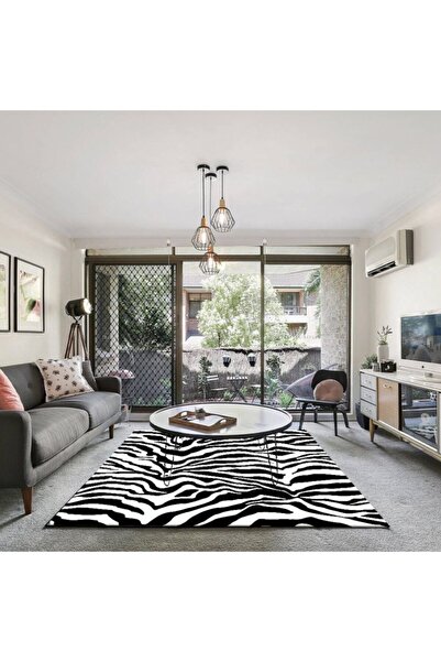 eco concept Beyaz Renk Zebra Desenli Makinede Ykanabilir Dot Taban Salon Halısı Mutfak Halısı Saçaksız M7354