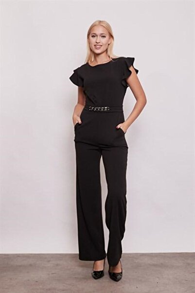 Genel Markalar Siyah Renk Likralı Kalın Krep Kumaş Kolu Volanlı Kemer Aksesuarlı Cepli Tulum